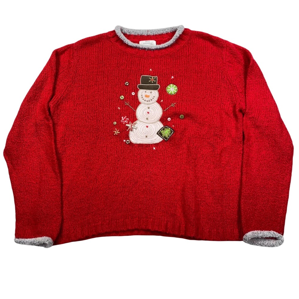 Christopher & Banks Sweater Womens L Red Snowman Hand Embroidered Holiday Vtg